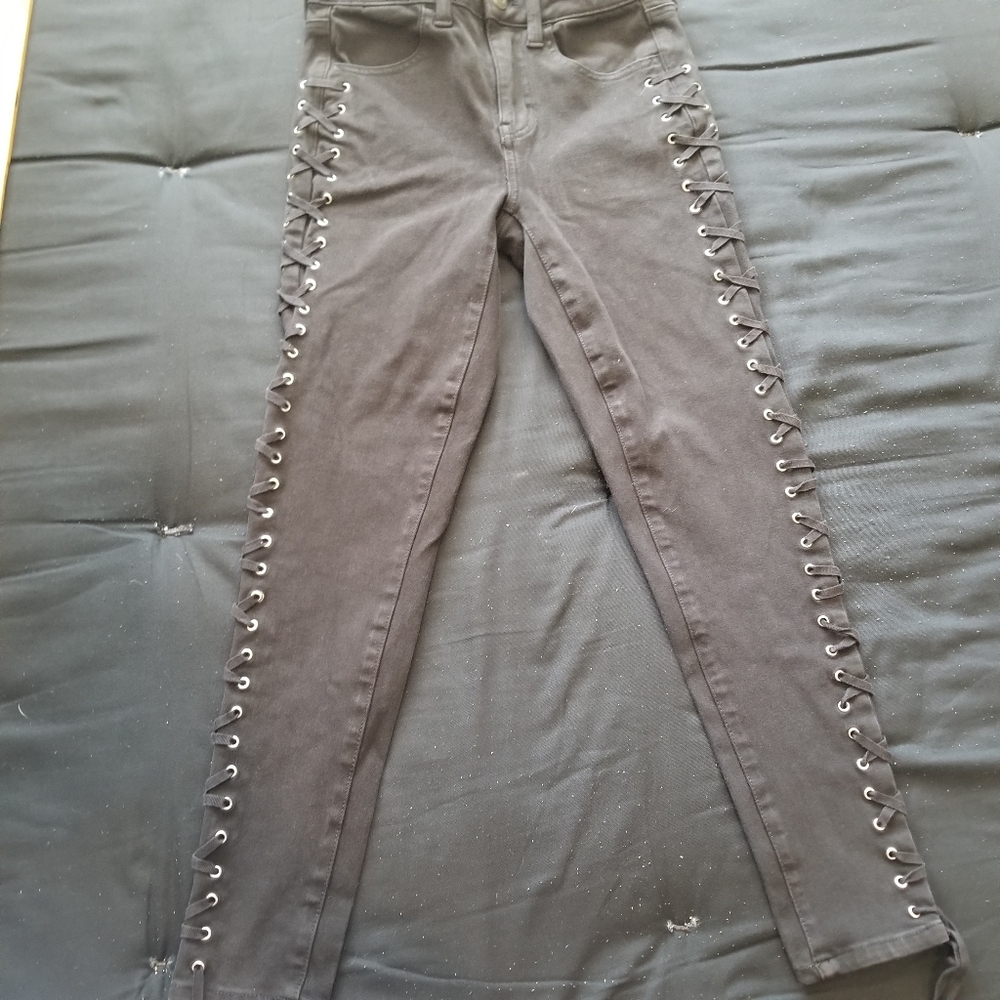 American Eagle Women's Jeans Black Skinny Lace Up Sides Corset Goth Size 4 Short
